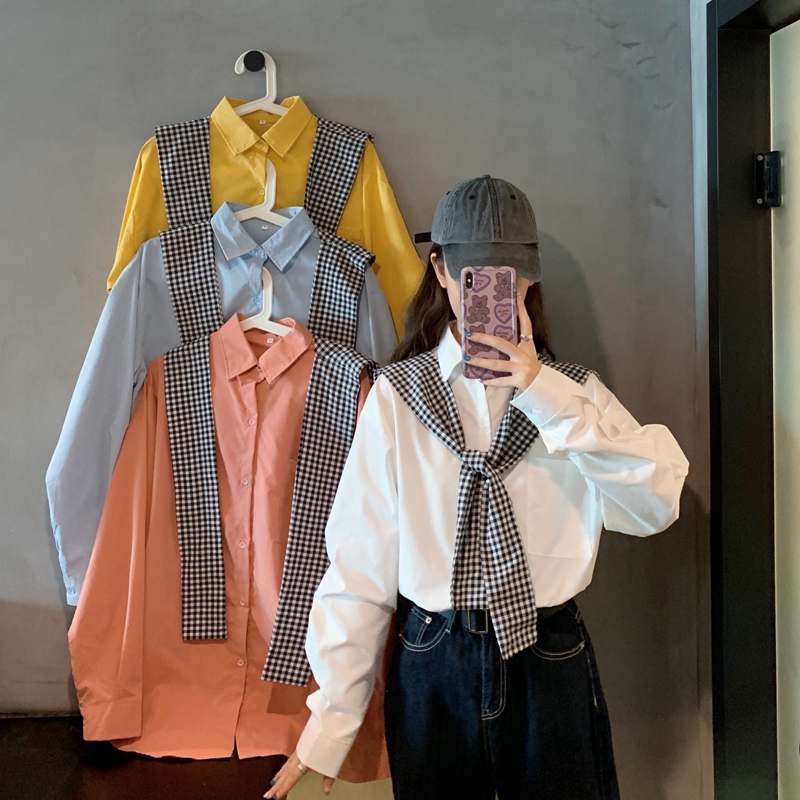 2021 new spring top women's design sense small, loose and thin, versatile shawl, fake two long sleeve shirts