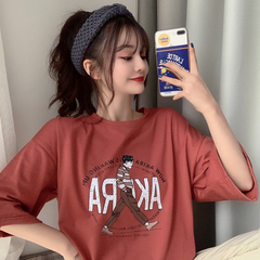 實拍短袖t恤女中長款字母卡通印花半袖上衣