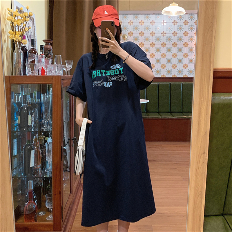 Real shot cotton 2021 new summer dress knee length skirt short sleeve T-shirt