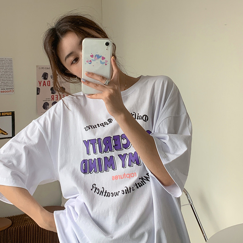 Real shot 2021 net red loose large medium length short sleeve T-shirt for women