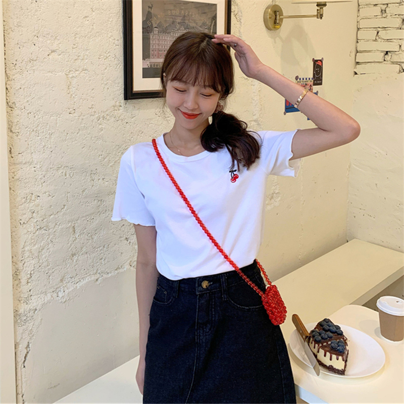 Short sleeve T-shirt girl student loose short embroidered cherry top