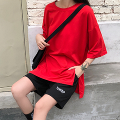 實拍2021夏裝套裝女學生分叉短袖T恤女寬鬆大碼套裝