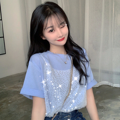 Actual photo: 6535 pull frame cotton short sleeve T-shirt women's Sequin half sleeve fake two pieces of clothes