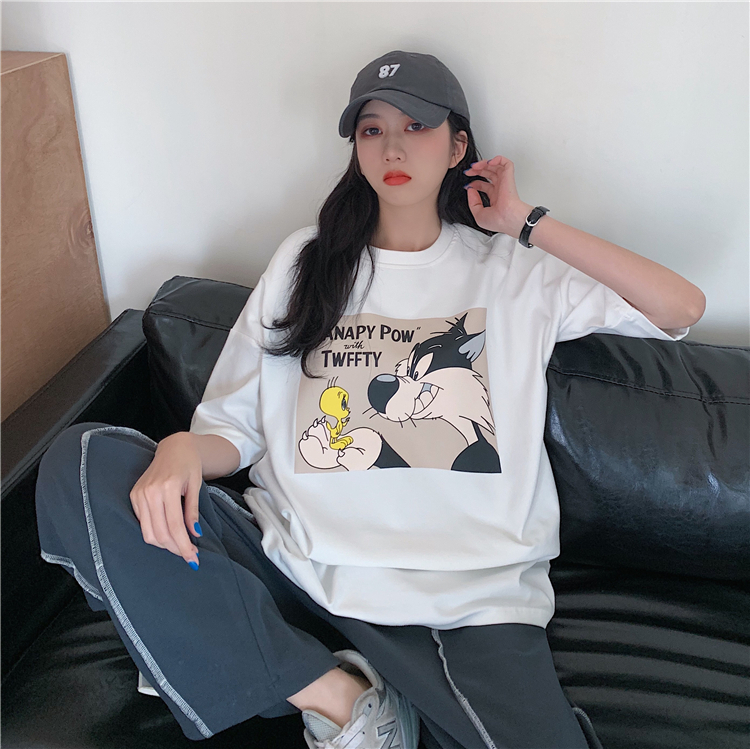 Real photo of 2021 summer cartoon printed short sleeve T-shirt for female student lady
