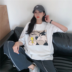Real photo of 2021 summer cartoon printed short sleeve T-shirt for female student lady