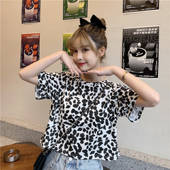 實拍2021夏高腰短款滿地印花短袖T恤女