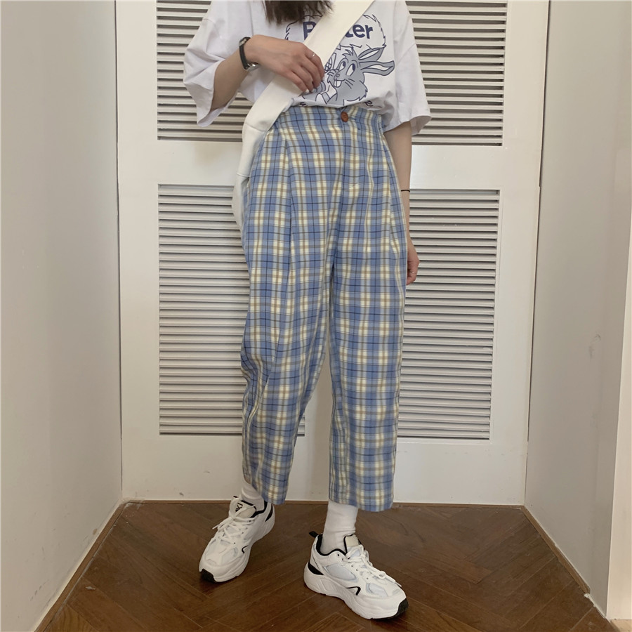 Suit real photo 2021 blue plaid pants women's new pants + cartoon short sleeve rabbit T-shirt women's fashion