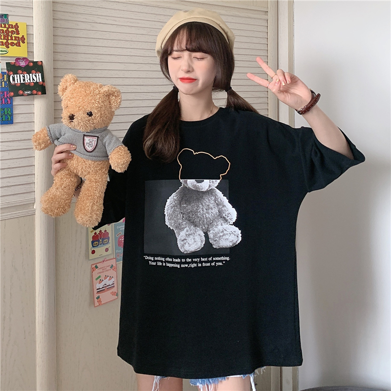 Real shot 2021 summer short sleeve T-shirt with bear print