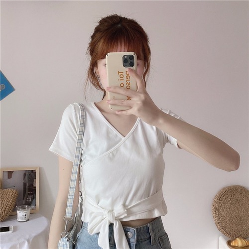 Real price pure cotton collar short sleeve shirt women's short bandage design is fashionable