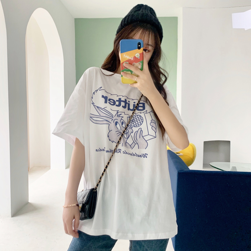 Real shot short sleeve T-shirt women's middle long letter half sleeve cartoon top printing