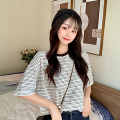 實拍  2021夏條紋短袖t恤女韓版ins寬鬆原宿風上衣體恤潮
