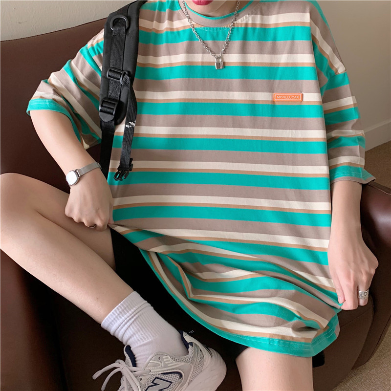 Real color matching stripe 2021 cotton short sleeve T-shirt women's mid summer long Hong Kong style top