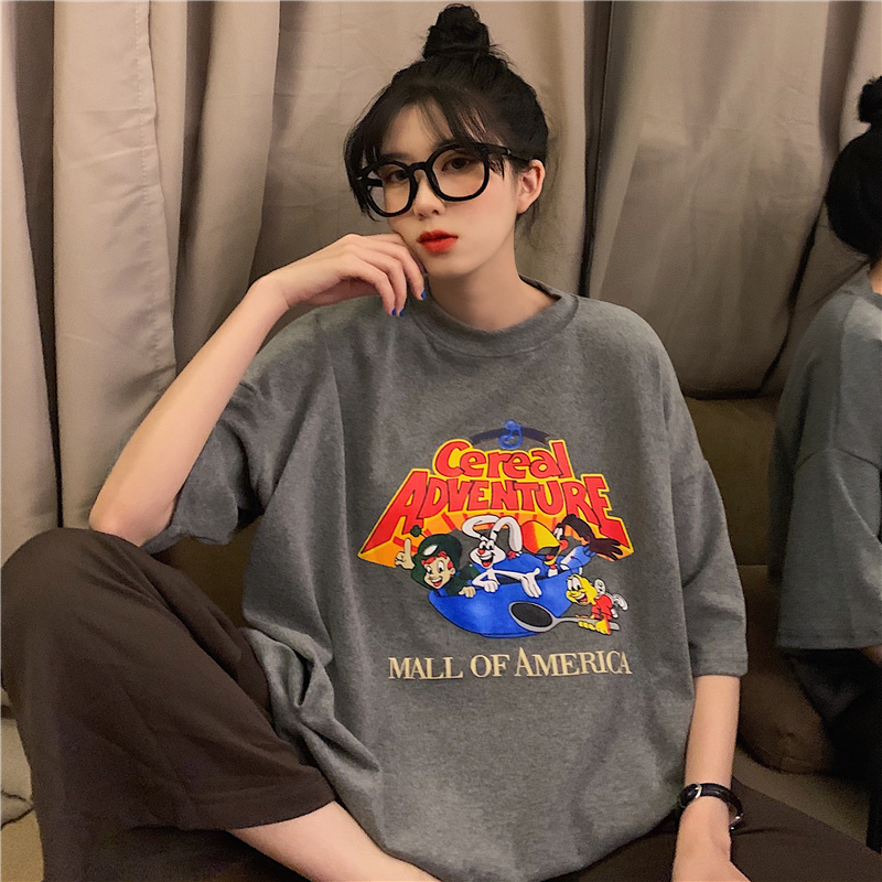Real shot 2021 summer short sleeve t-shirt female cartoon print student T-Shirt Medium Length
