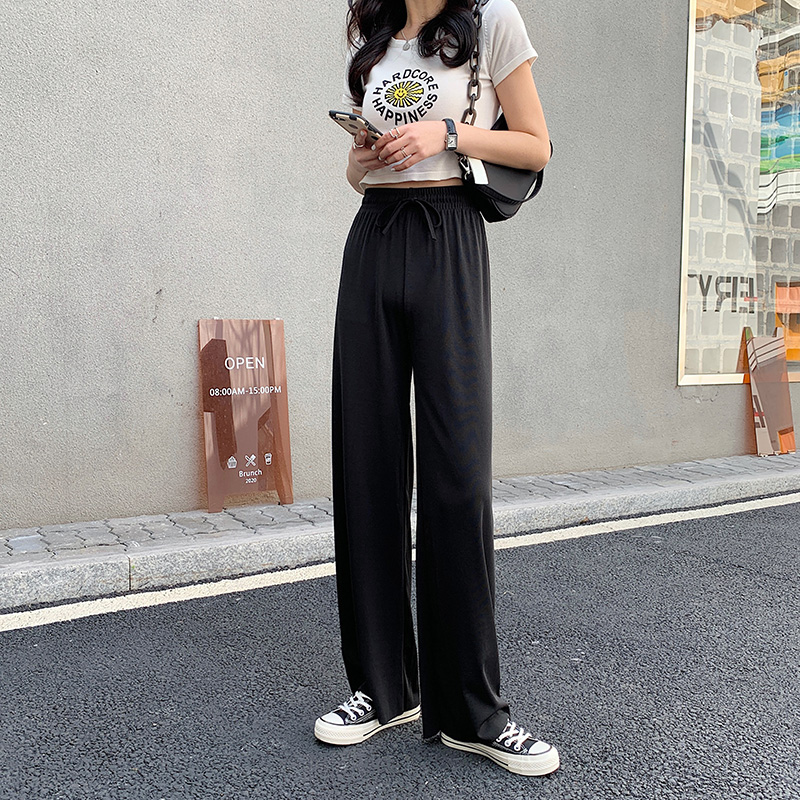Real photo 2021 summer ice silk wide leg pants women's high waist summer thin casual pants
