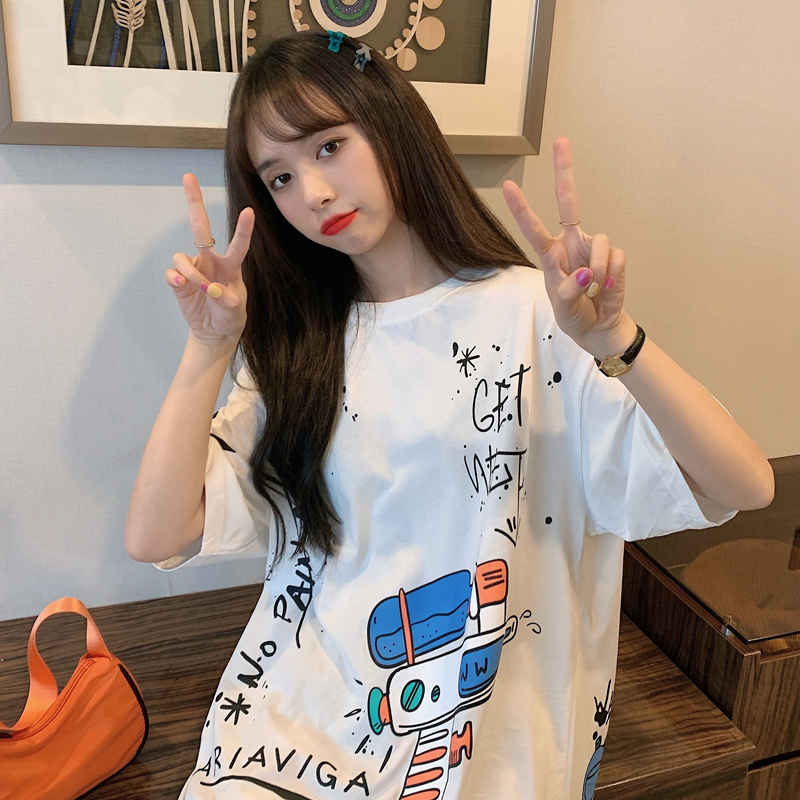 Real photo 2021 summer leisure loose letter fun graffiti short sleeve T-shirt women's medium length top