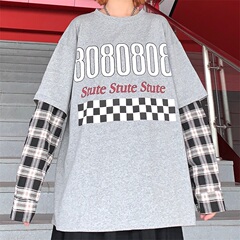 Real shooting spring and autumn stitching sleeve long sleeve thin fake two piece set