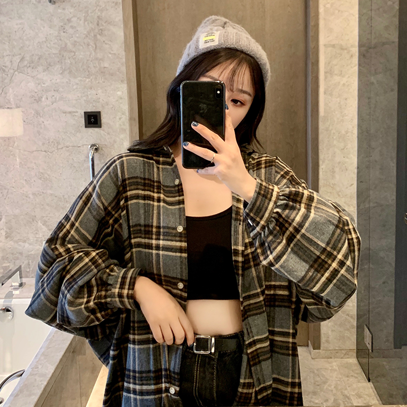 Real shot design of minority long sleeve shirt women's spring and autumn Plaid Shirt