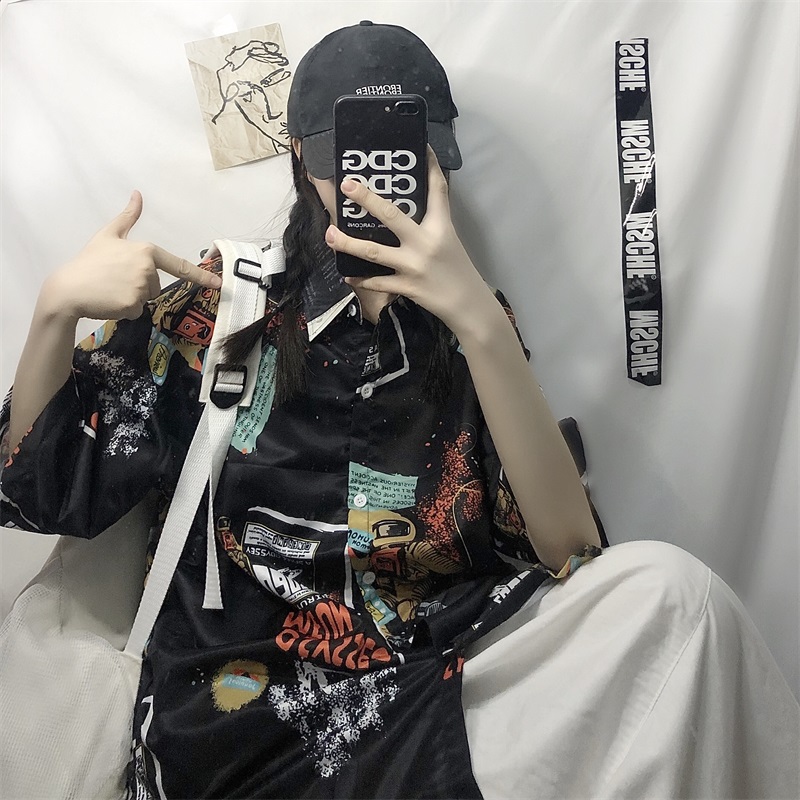 實拍夏裝原宿風暗黑系領短袖襯衫潮