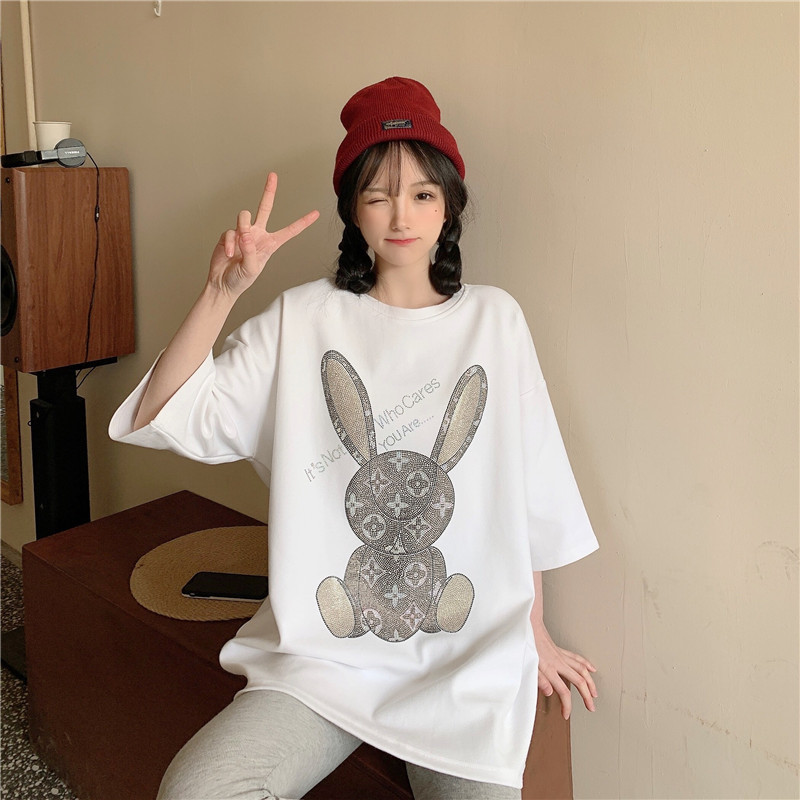 Real shooting 2021 spring and summer new product heavy industry hot drilling rabbit Euro American fashion brand short sleeve T-shirt girl