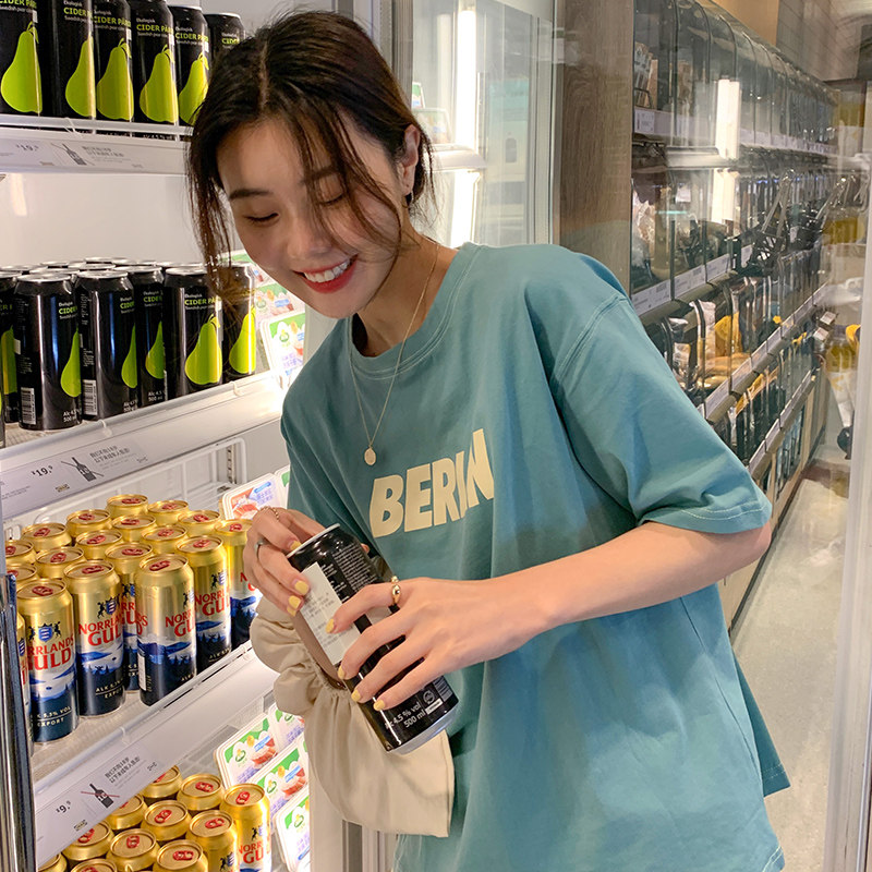 Real photo 2021 new line design loose simple letter short sleeve girl