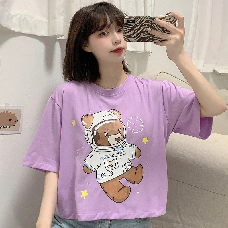 Real photo of 2021 summer bear short sleeve t-shirt female print cartoon