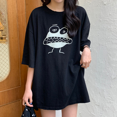 實拍 2021夏短袖t恤女中長款半袖卡通上衣