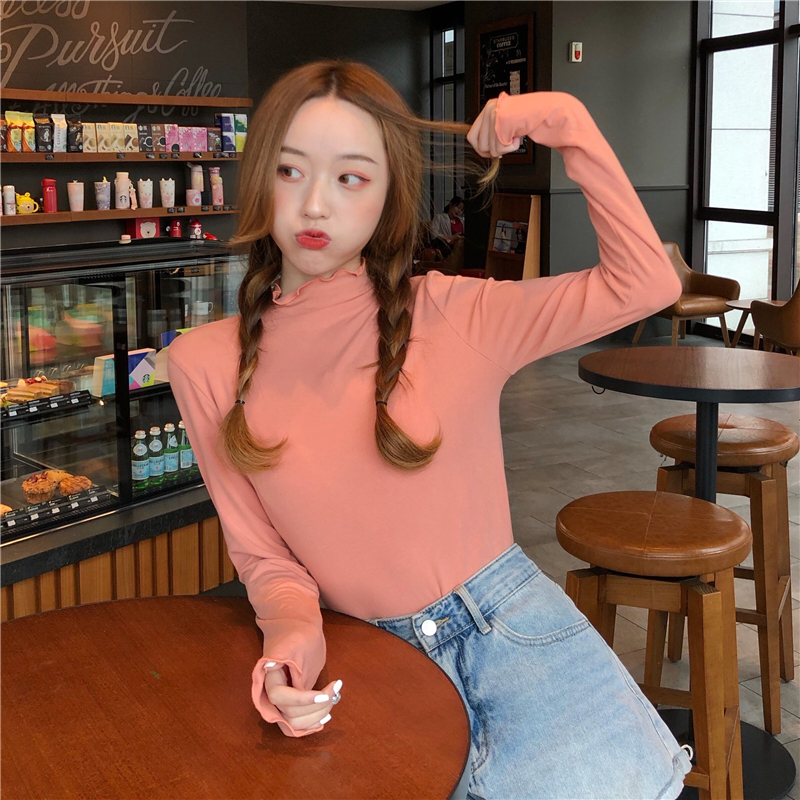 Photo shoot 2020 autumn / winter bottom coat women slim half high collar fungus side long sleeve women