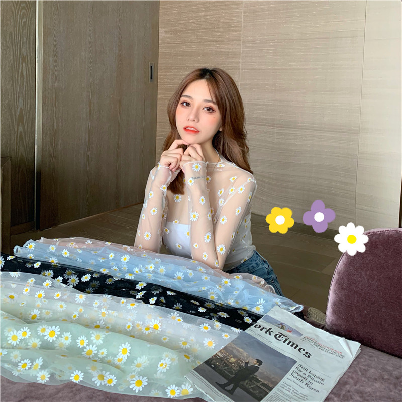 Real photos of elegant style Daisy net yarn long sleeve T-shirt for women