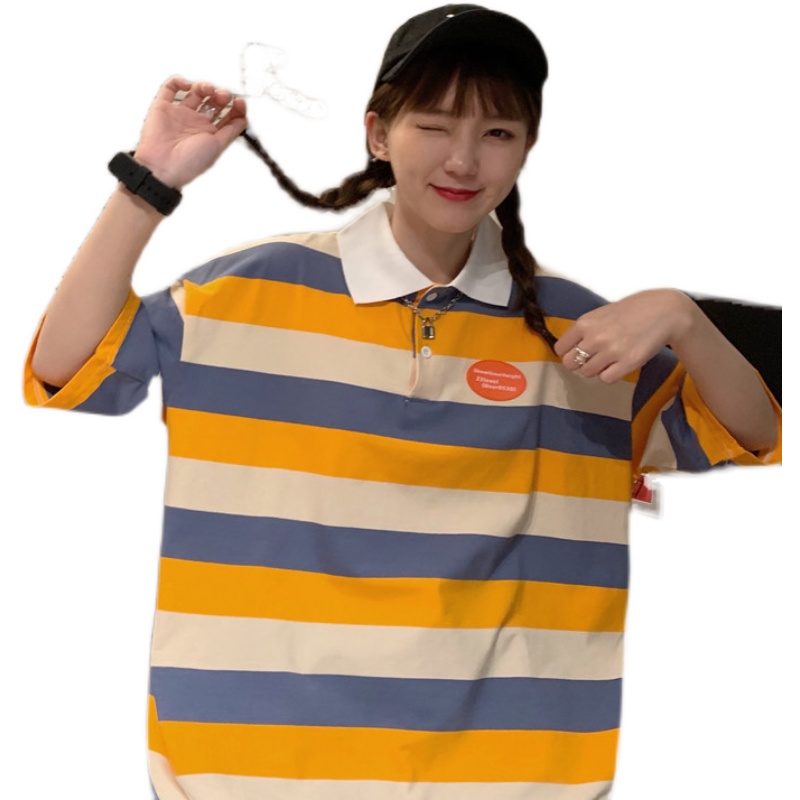 Real shot Polo Shirt Short Sleeve T-Shirt women's Hong Kong chic stripe top half sleeve loose casual T-shirt