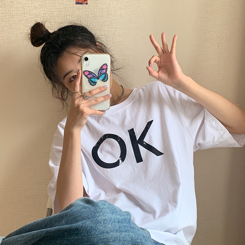 Real shot pure cotton etched wool medium long loose short sleeve women's Korean simple letter print T-shirt