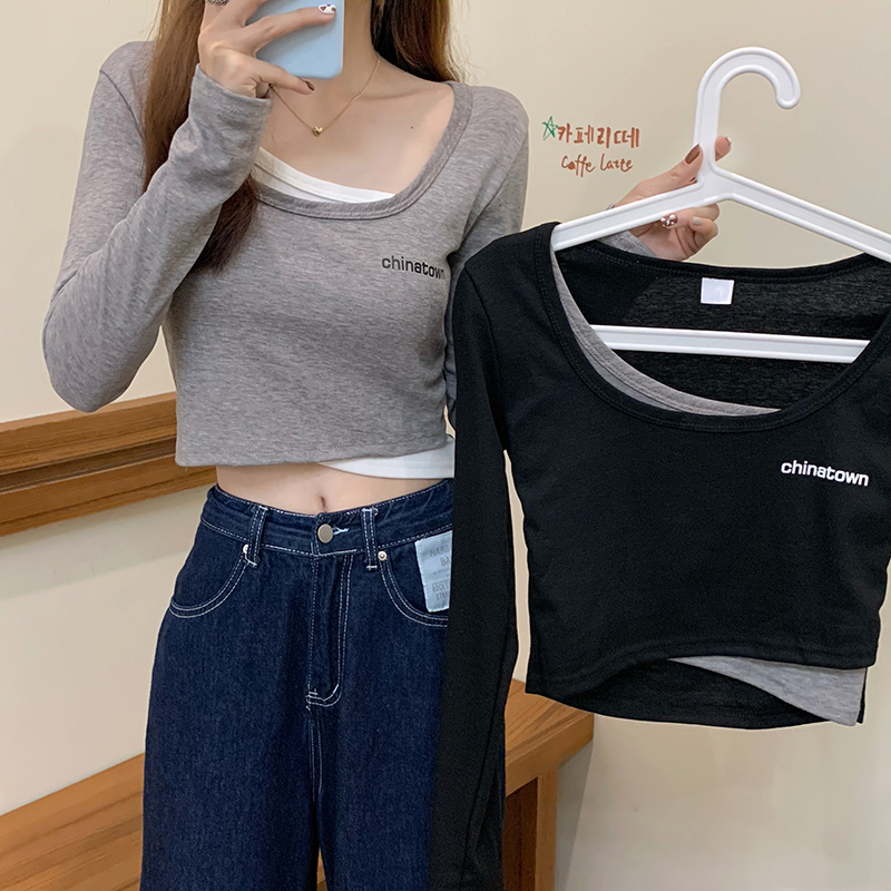 Real shot spring and summer new product fake two piece set short color matching long sleeve T-shirt