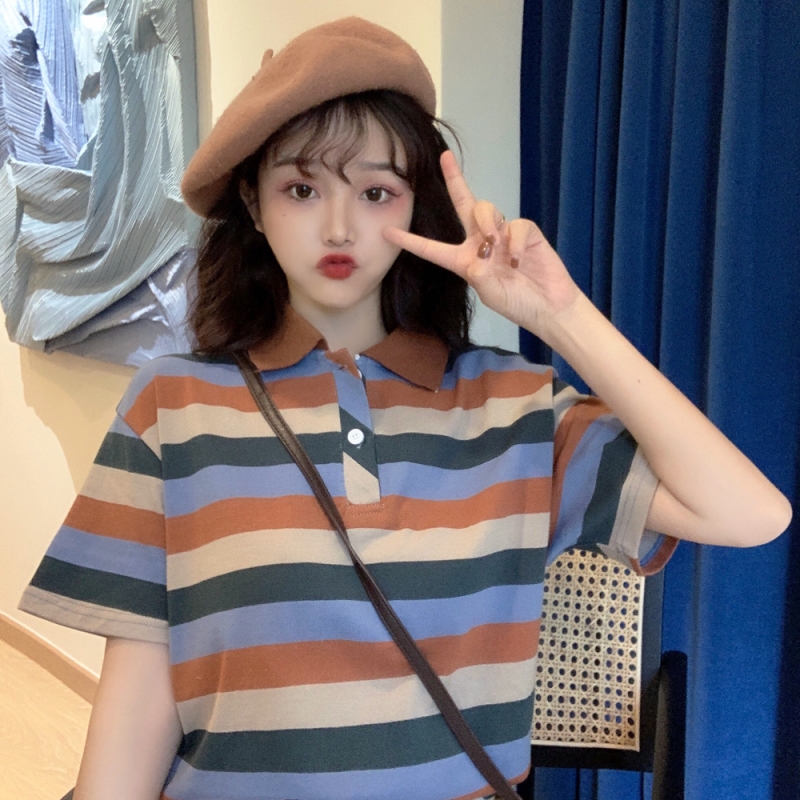 實拍 2021夏短袖t恤女中長款條紋POLO領