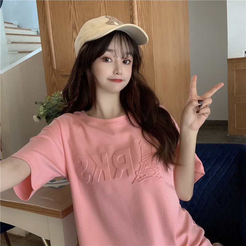 實拍2021夏短袖t恤女中長款韓版小眾凹凸立體字母上衣