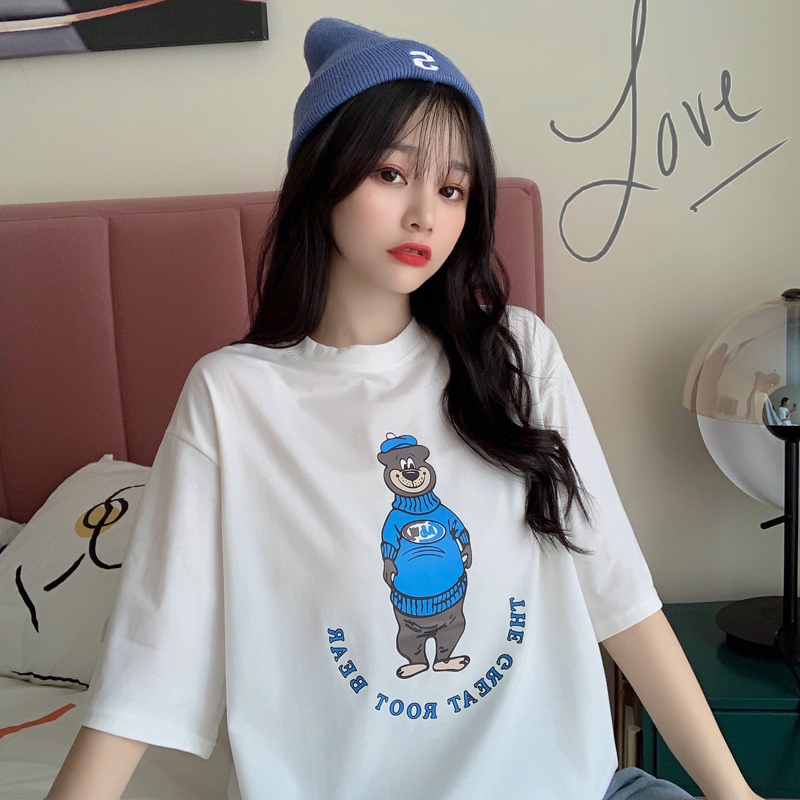 Real photo 2021 Summer Short Sleeve T-Shirt women's middle long half sleeve cartoon top printed letters