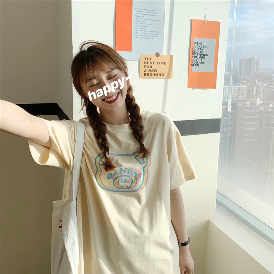 Real shot 2020 summer vertigo bear Japanese print loose and versatile casual round neck T-shirt short sleeve women