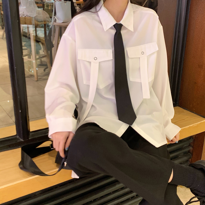 Real white shirt women's sense of design small number of new shirt loose long sleeve top