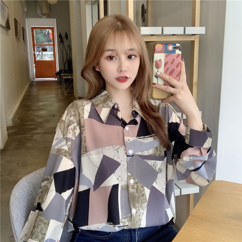 Real shot hong kong style printed shirt early spring Korean version Lapel long sleeve cardigan fashion