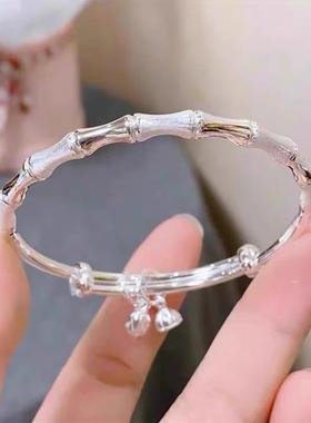 竹节银手镯女纯银999足银实心镯子银饰送女朋友闺蜜生日礼物