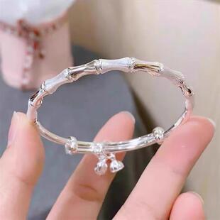 竹节银手镯女纯银999足银实心镯子推拉银饰送女朋友闺蜜生日礼物