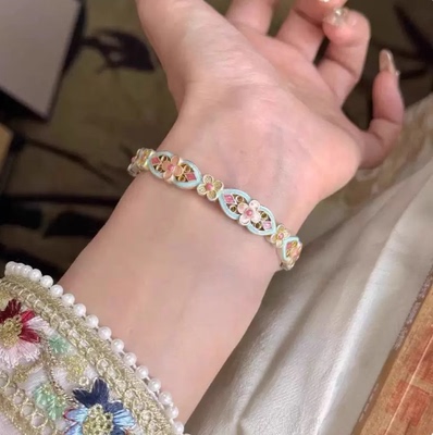 逃之夭夭「花满筑」国风新中式宫廷复古足银999珐琅彩重工手镯