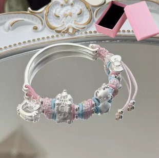 足银999可爱卡通kitty城堡蝴蝶结编绳手镯手链可调节女友礼物