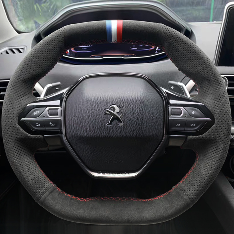 新款标致408X 5008 2008 308S508改装翻毛皮内饰手缝真皮方向盘套