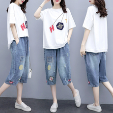 批发女夏新款时尚套<b class='q'>装</b>韩版宽松休闲纯棉T恤牛仔<b class='q'>裤</b>洋气两件套潮流