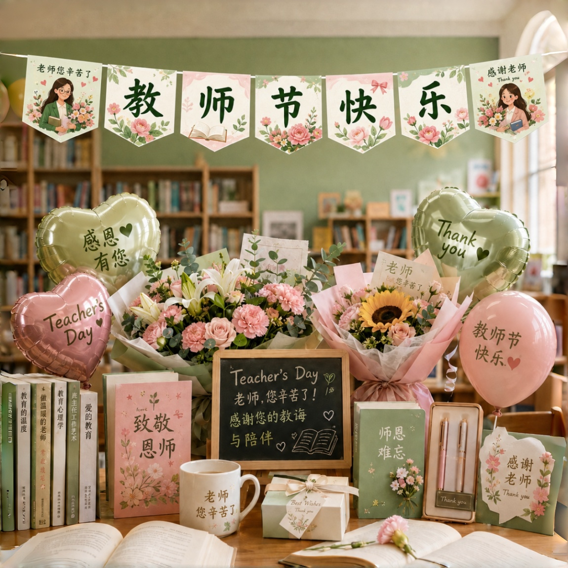教师节快乐布拉旗横幅装饰套装教室氛围装扮感恩老师主题布置用品