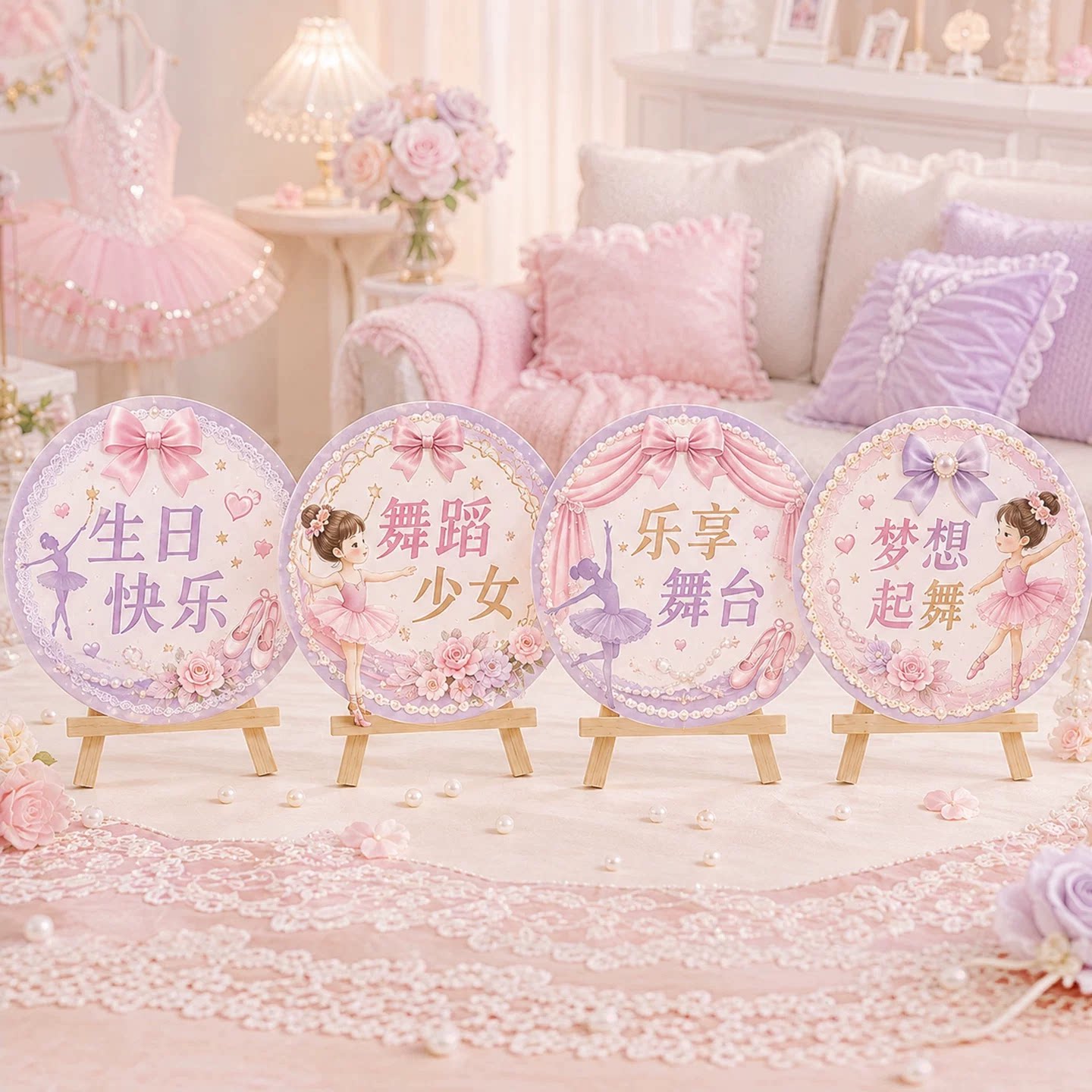 舞蹈主题圆形KT板女孩生日派对装饰套餐小公主生日桌摆套装布置品