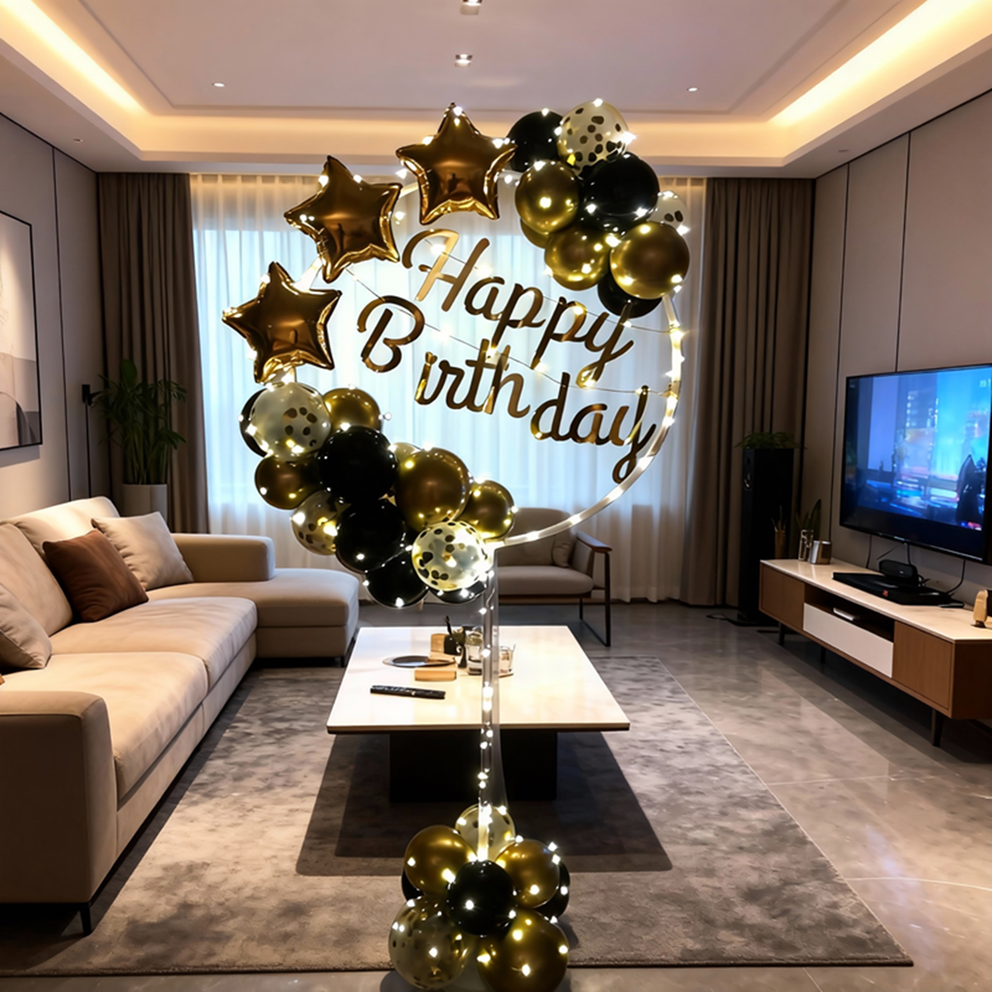 发光生日装饰场景布置圆环支架气球金银黑色系汽球新创意装扮套餐