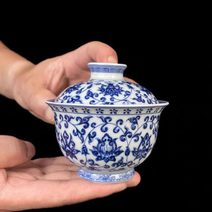 青花瓷缠枝莲二才盖碗景德镇陶瓷可悬停不烫手泡茶碗家用功夫茶具