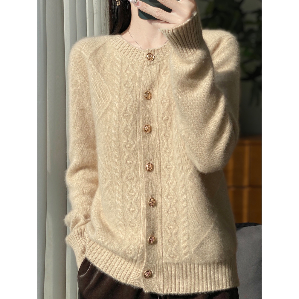 品牌圆领100纯羊毛开衫女长袖宽松显瘦绞花毛衣针织衫慵懒风羊绒