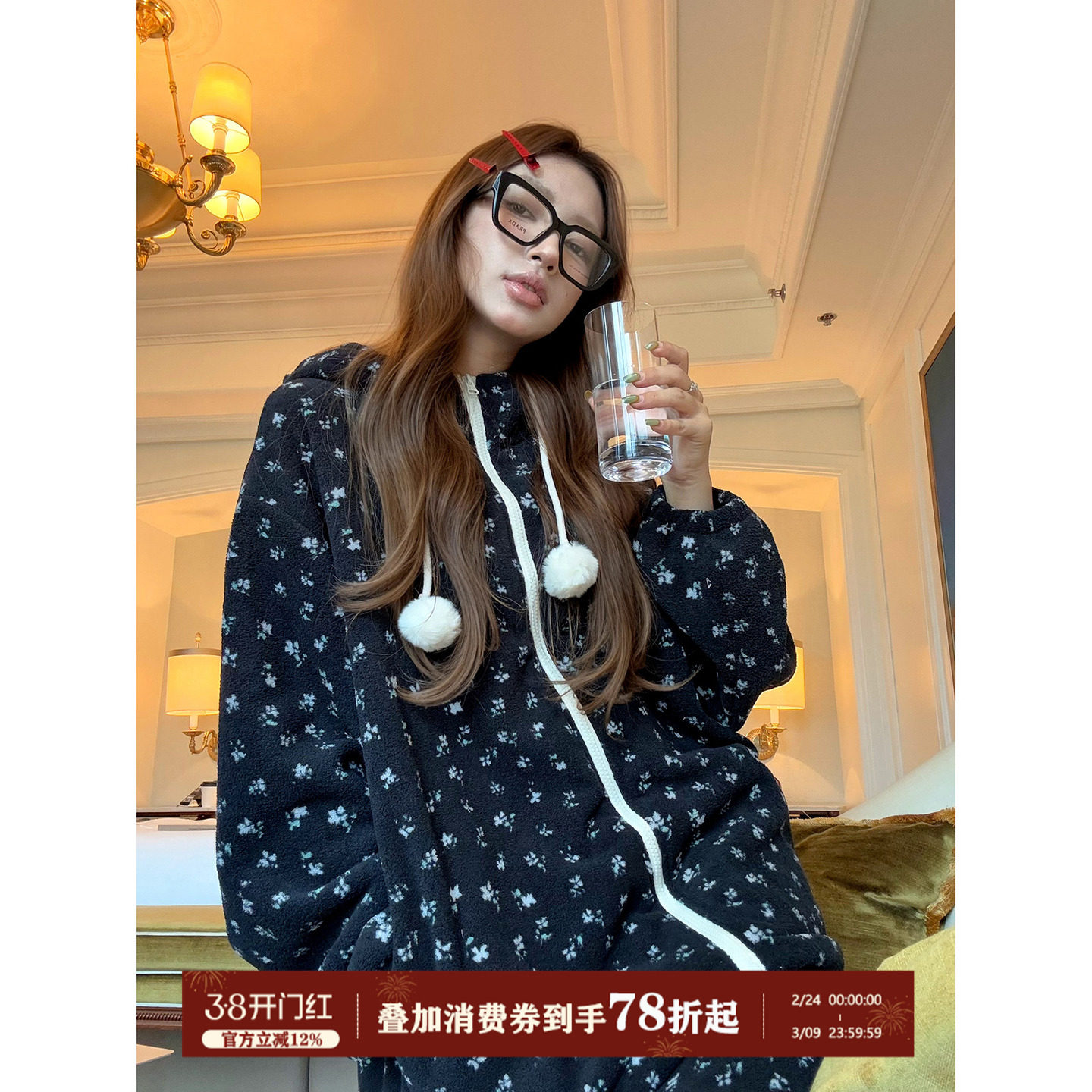 JoyceBra  冬季新款碎花连帽睡衣女加厚保暖珊瑚绒长袖家居服套装