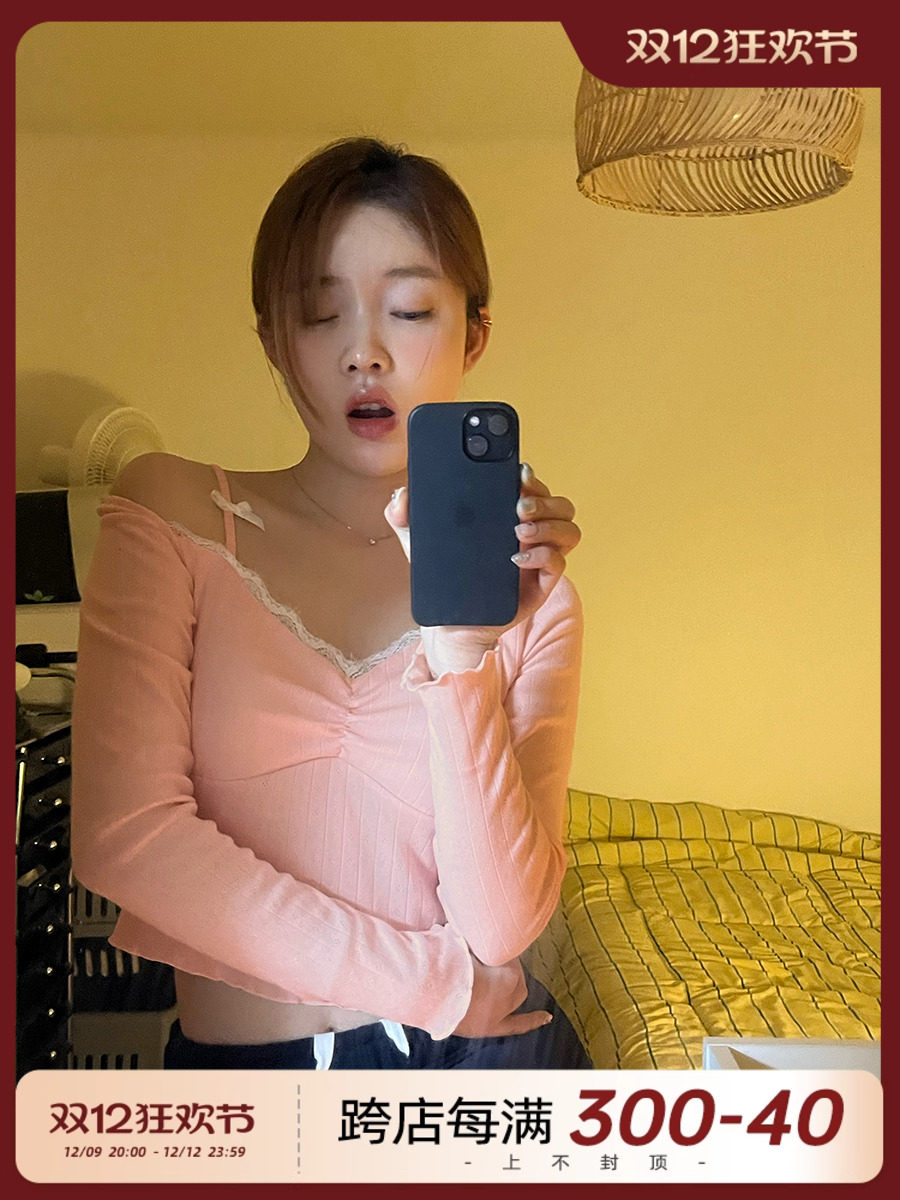 JOYCEBRA 봄 새 슬링 긴팔 티셔츠 가슴 패드가 있는 여성용 탄성 슬림 외부 짧은 탑